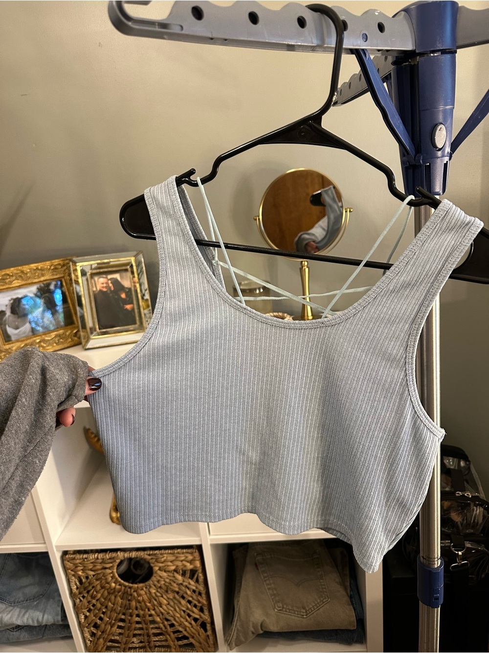 Light Blue Ribbed Crop Tank Top with Strappy Back